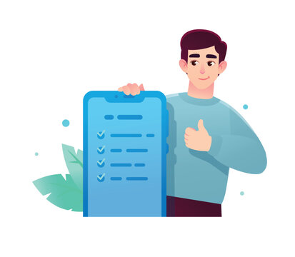 Young man showing a thumbs up gesture next to a smartphone with a completed checklist. Concept of successful task management, mobile survey approval, and productivity app.