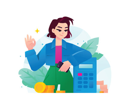 Woman managing personal finance and budget with a big calculator vector illustration. Financial accounting, smart business planning, tax calculation, and cash savings concept.