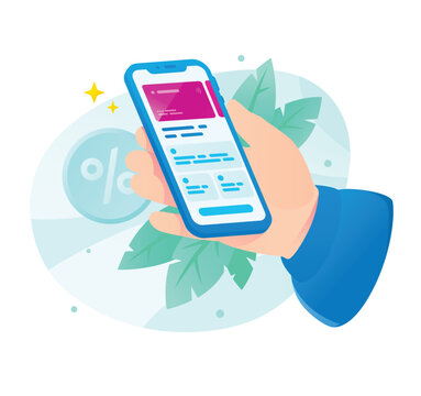 Hand holding smartphone with mobile banking app and credit card vector illustration. Cashless payment, online shopping discount, and digital transaction concept.