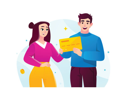 Happy young couple holding a gold credit card for shared family budget vector illustration. Joint banking account, cashless payment, and retail shopping concept.