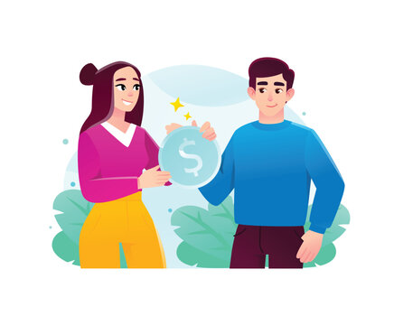 Young couple managing joint budget or investing with a dollar coin vector illustration. Financial partnership, money transfer, and family savings concept.