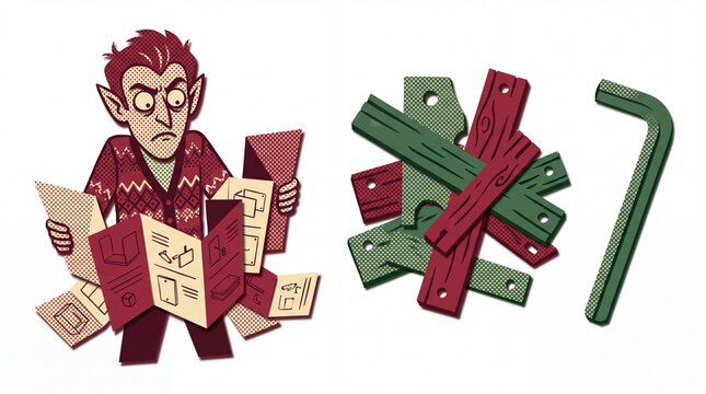 Frustrated vampire in cut paper vector style struggling with flat-pack furniture instructions