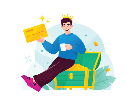 Successful man with crown holding gold credit card sitting on treasure chest vector illustration. Premium VIP banking, cash rewards, financial wealth, and cashback concept.