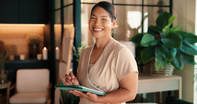 Hospitality, face or woman in spa with tablet, booking schedule or client records for treatment. Happy, confidence or receptionist with tech, appointment review or guest management in wellness center
