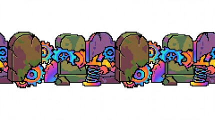 Fototapeta premium Retro pixel art divider of crumbling tombstones revealing colorful clockwork mechanisms