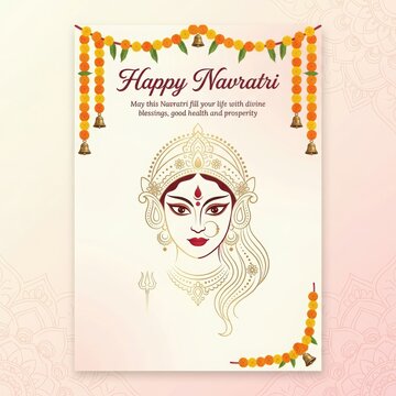 Happy Navratri greeting card featuring goddess Durga face and floral garlands for Indian festival celebration poster.
