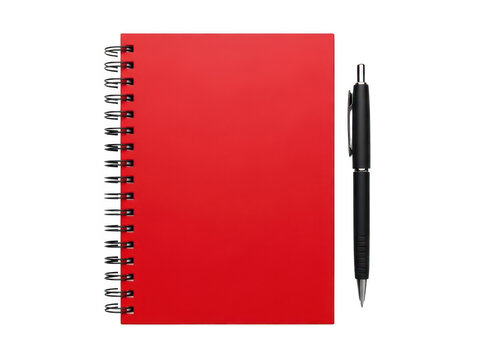 Red spiral notebook with a black pen on a flat surface isolated on transparent background