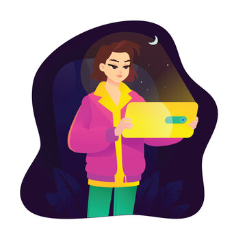 Young woman checking digital documents and smartphone notifications at night. Concept for late-night freelance work, mobile communication, and electronic data screen glowing in the dark.