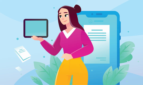 Woman managing digital documents and data synchronization across tablet and smartphone. Concept for mobile workflow, electronic management, and cloud office.