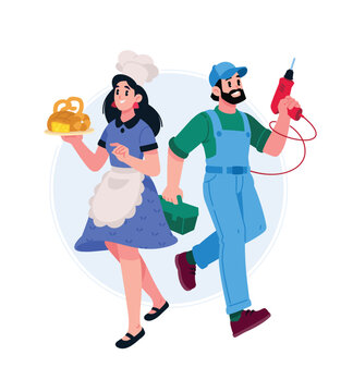 A female chef holding fresh pastry and a male construction worker running with a drill and a toolbox. Concept of professional service, labor, and diverse career paths.
