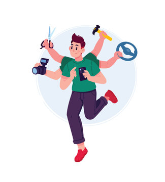 A busy male character with multiple hands holding various tools: phone, camera, steering wheel, scissors, and a hammer. Concept of productivity and career.