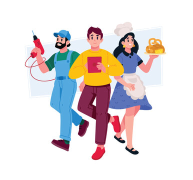 A group of diverse professionals standing together a construction worker with a drill, a manager with a book, and a female chef holding fresh bread. Concept of career choice and teamwork.