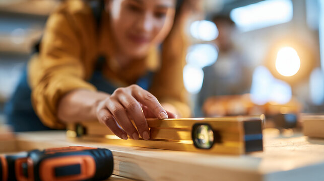 Faceless student examining a spirit level during practical technical learning, vocational education and construction skills concept, with copy space