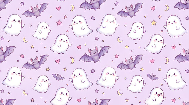 Seamless Cute Ghosts and Purple Bats Pattern on Lavender Background Halloween Illustration