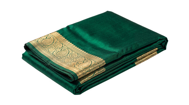 Emerald green silk saree with golden zari border, elegant folded traditional Indian ethnic wear, luxurious silk fabric for wedding and festive fashion isolated PNG with Transparent Background