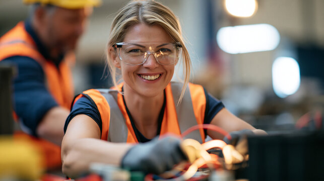 Smiling faceless female apprentice electrician wearing a safety vest and glasses, working with electrical wires at a workbench, adult vocational trade school training concept,