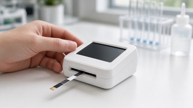Biosensor strip inserted into handheld reader