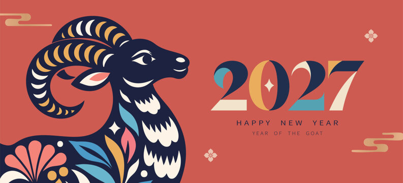 2027 Year of the Goat Banner with Colorful Goat Portrait and Modern Folk Art Design