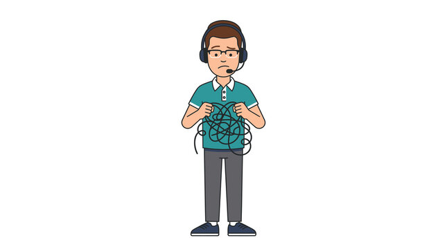 Support agent with headset struggling with tangled cables, representing technical issues and troubleshooting