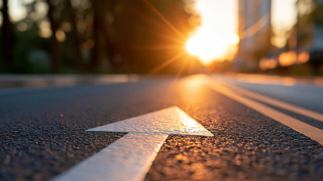 Asphalt road marked with a white arrow pointing toward a bright sunset sun, trees lining the path ahead, journey and goal achievement symbolism, with copy space