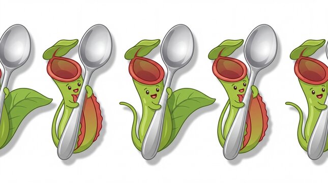 Cartoon pitcher plants holding silver spoons vector illustration pattern on white background