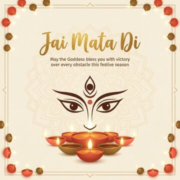 jai mata di religious greeting with goddess durga face and oil lamps for navratri festival celebration.