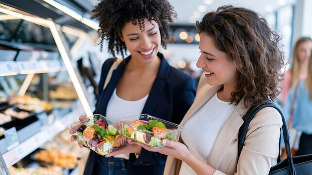 Two women happily select prepackaged salads in a brightly lit grocery store aisle.