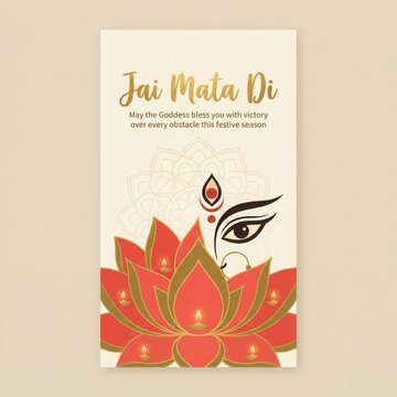 jai mata di greeting card with goddess durga face and lotus flower for navratri festival.