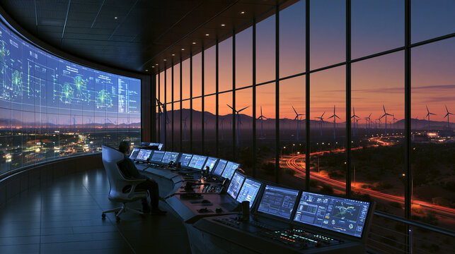 Control center for microgrid in a remote location at sunset