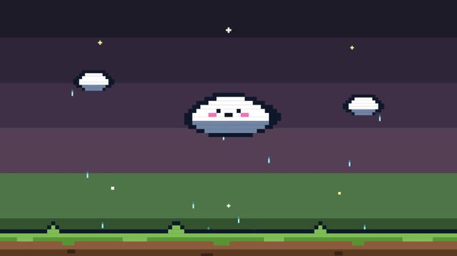 Cute Pixel Art Clouds Raining in Night Sky Animation
