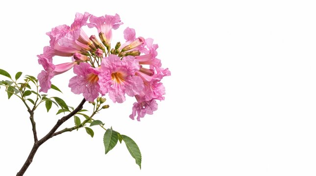 Beautiful blooming pink trumpet flowers on a branch with green leaves isolated on white background