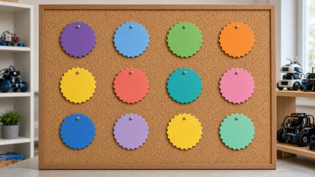 Skill badge corkboard in afterschool STEM lab