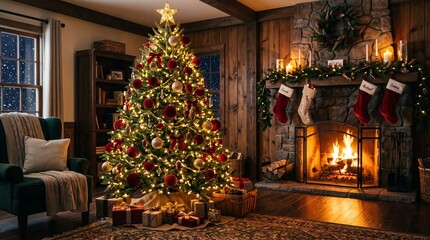 Fototapeta premium Cozy Rustic Living Room with Decorated Christmas Tree and Glowing Fireplace