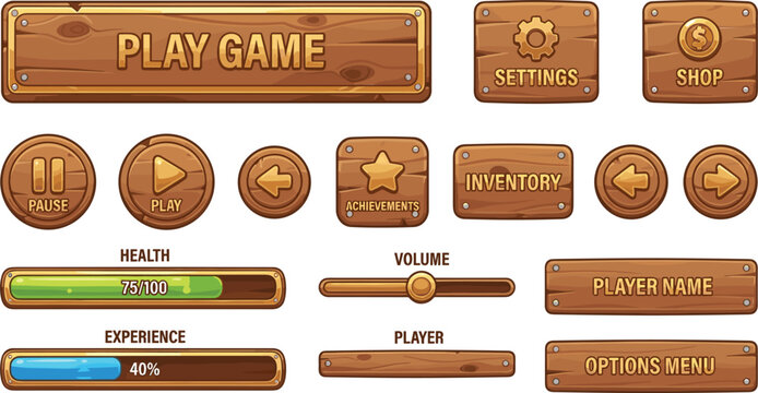 Wooden game user interface element set for mobile casual puzzle game application main menu settings buttons progress bar layouts