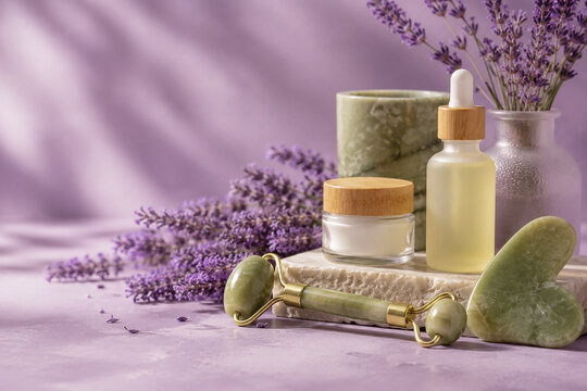 Natural Skincare Products with Lavender and Jade Facial Tools