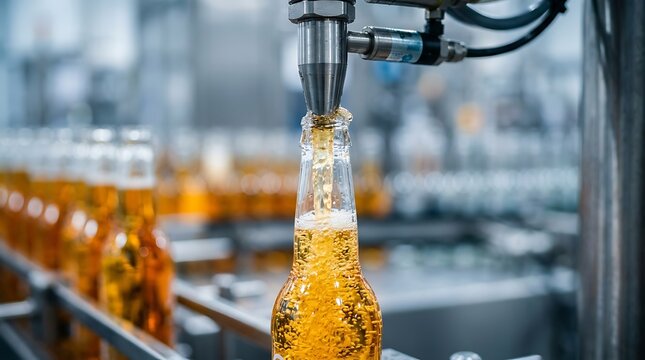 Industrial beer bottling machine filling glass bottles isolated on transparent background. Perfect for brewery.