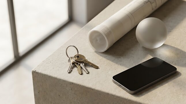Un agente immobiliare prepara il lavoro con chiavi, planimetrie e uno smartphone su un tavolo in cemento moderno