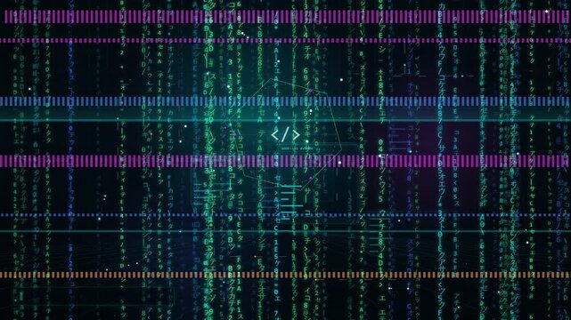 Digital rain of green binary code and programming symbols on a dark technological background