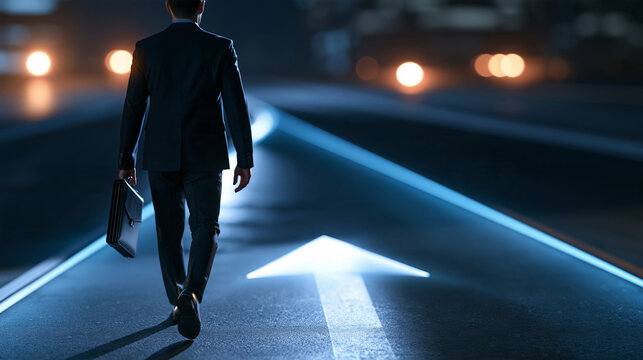 Faceless man in a suit walking toward an illuminated arrow on a dark road while carrying a briefcase, career direction concept, with copy space