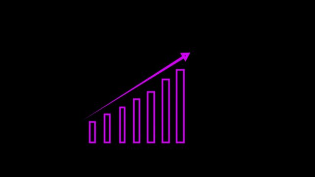 Bar chart glowing in purple shows a steady upward trend represented by vertical columns increasing in height with a diagonal arrow pointing towards the top right corner to symbolize business growth.