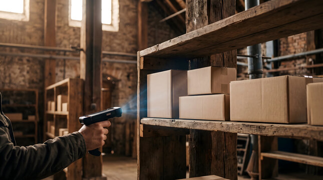A worker scans barcodes on cardboard boxes in a rustic warehouse storage facility.