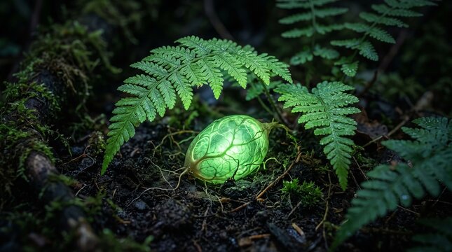 Glowing Green Bioluminescent Seed Pod on a Dark Mossy Forest Floor Under Fern Leaves