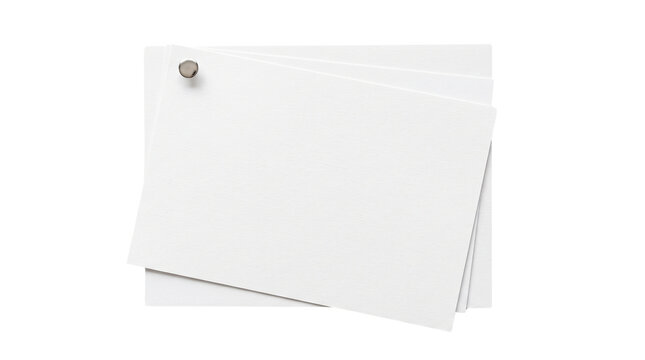 Blank white paper sheet mockup stack pinned with silver thumbtack on transparent isolated background