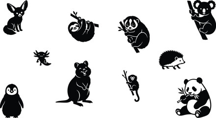 Fototapeta premium Collection of black silhouette animal shapes on a white background including a panda and koala