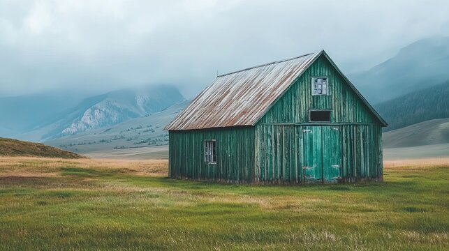 Weathered teal barn stands solitary across a muted meadow, hinting at rural tranquility and scenic landscapes