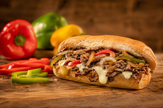 Juicy Cheesesteak Sandwich with Sliced Bell Peppers and Melted Cheese