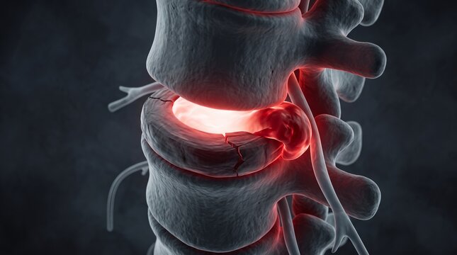Medical Illustration of a Herniated Spinal Disc with Glowing Red Inflammation and Nerve Compression on Dark Background