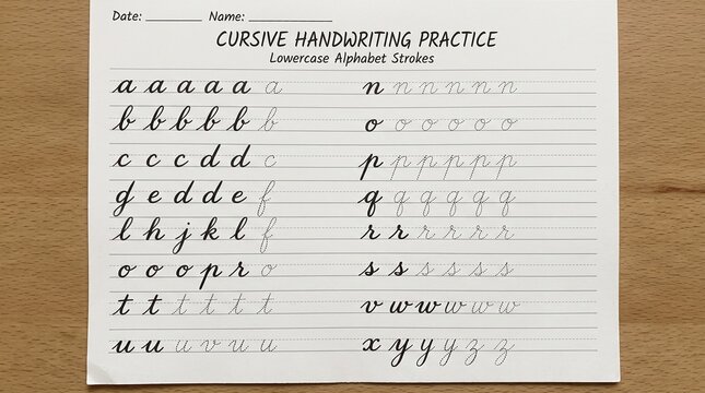 Cursive handwriting practice worksheet, lowercase alphabet strokes on lined paper, educational penmanship exercise for students and children