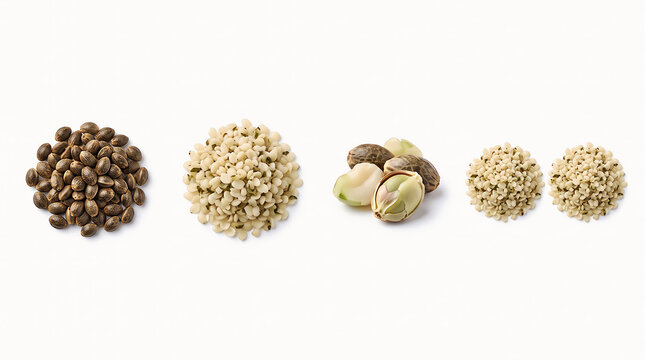 Hemp seeds and shelled nuts arranged in a comparative line on white isolated background