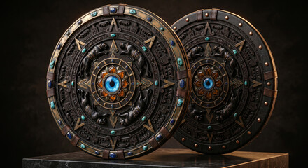 Obraz premium Ancient Aztec style circular shields with blue gemstone eye and intricate carving